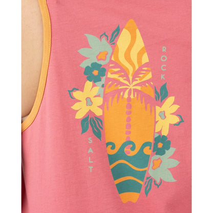 Close-up of a Saltrock pink Sun Surfer vest top with a colourful floral surfboard design 
