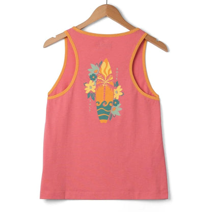Back view of a pink Saltrock Sun Surfer vest top with a floral surfboard on a hanger against a white background