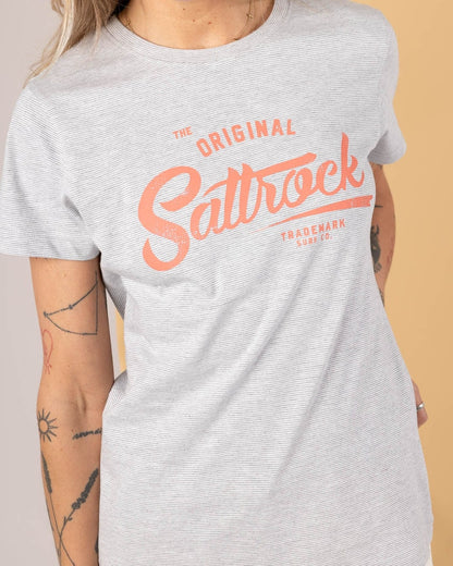 Saltrock womens tee grey featuring a bold vintage logo in coral for casual style