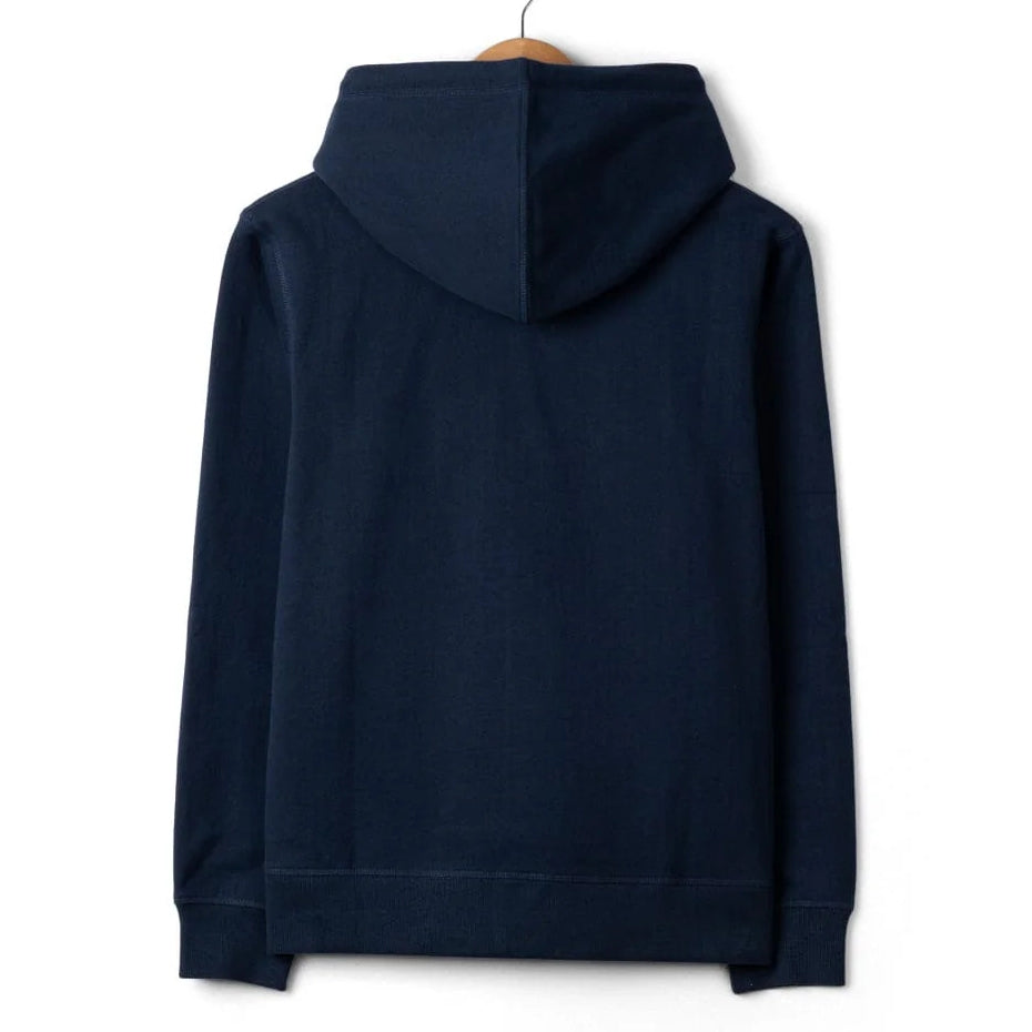 Back view of a Saltrock womens navy blue Trader Daze hoodie on a hanger against a white background