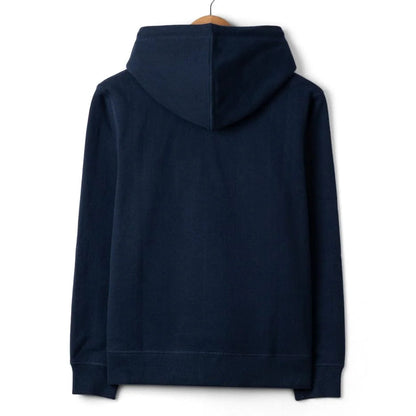 Back view of a Saltrock womens navy blue Trader Daze hoodie on a hanger against a white background