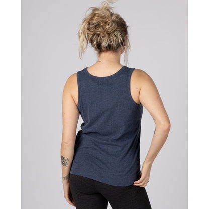 Back view of a woman wearing a Saltrock Velator sleeveless essential vest in Blue Marl on a plain background