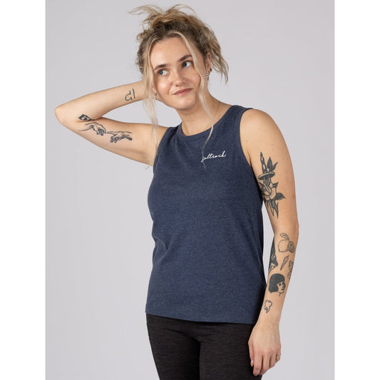 Front view of a woman wearing a Saltrock sleeveless Velator essential vest in Blue marl, on a plain background