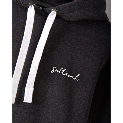 Dark Grey womens pop hoodie with white drawstrings and 'Saltrock' logo on a plain background