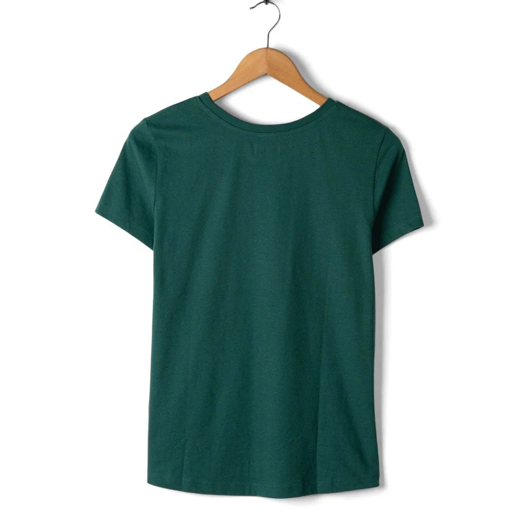 Back view of Saltrock womens Velator t-shirt in Dark Teal on wooden hanger short sleeve crew neck cotton tee
