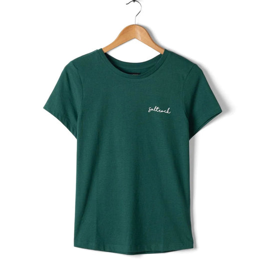 Saltrock womens Velator t-shirt in Dark Teal simple crew neck tee with white printed Saltrock logo on chest on wooden hanger