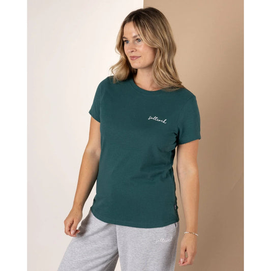 Front view of a Saltrock womens Velator t-shirt in Dark Teal on model crew neck short sleeves small chest logo casual look