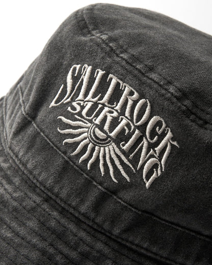 Adults Sunburst bucket hat from Saltrock in washed look Dark Grey with embroidered sunburst logo.