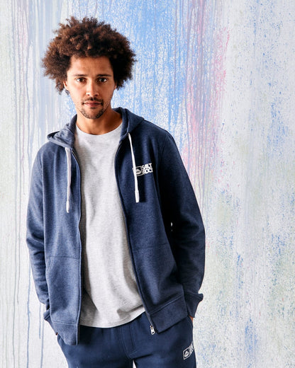 Model wearing a men's Saltrock full zip Original hoodie in Blue Marl.