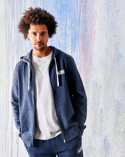 Model wearing a men's Saltrock full zip Original hoodie in Blue Marl.