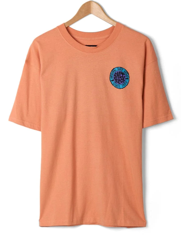 Men's Saltrock Original SR retro logo print tee in Peach with large logo on the back and small version on the front.