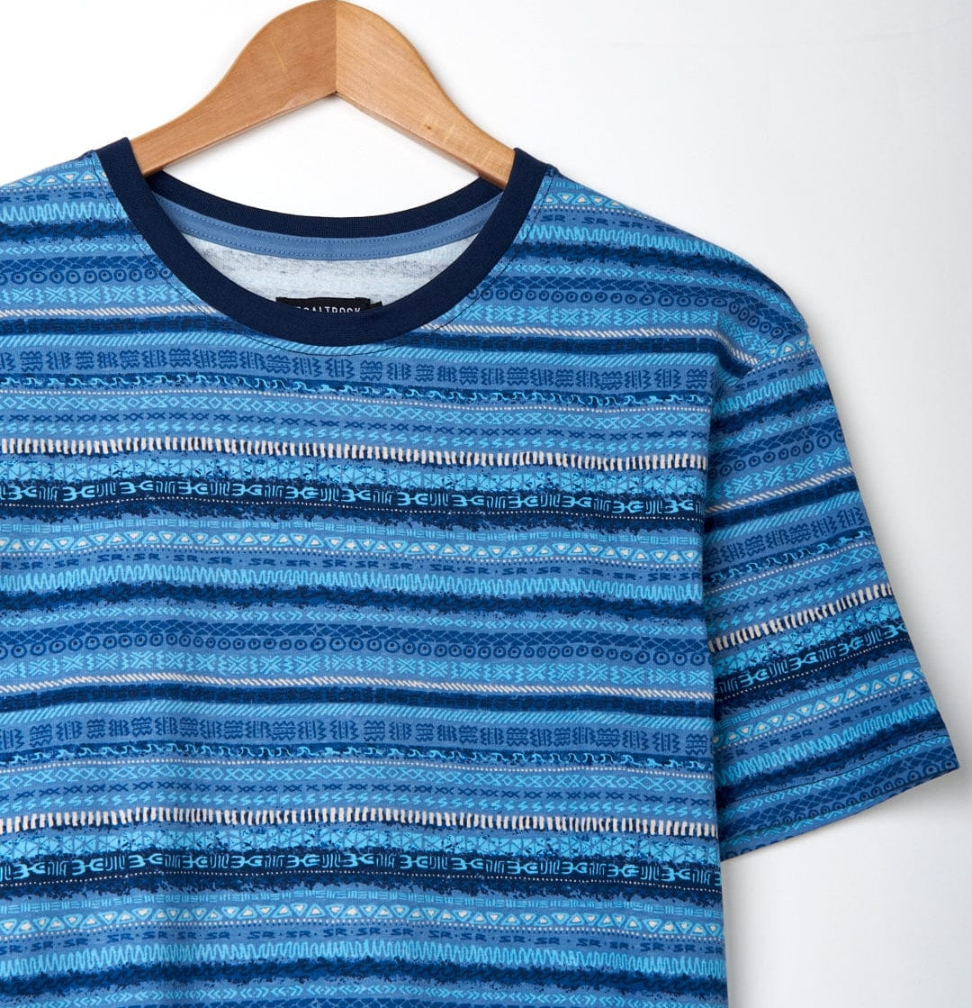 Men's blue Aztec pattern stripe short sleeve Marks t-shirt from Saltrock.
