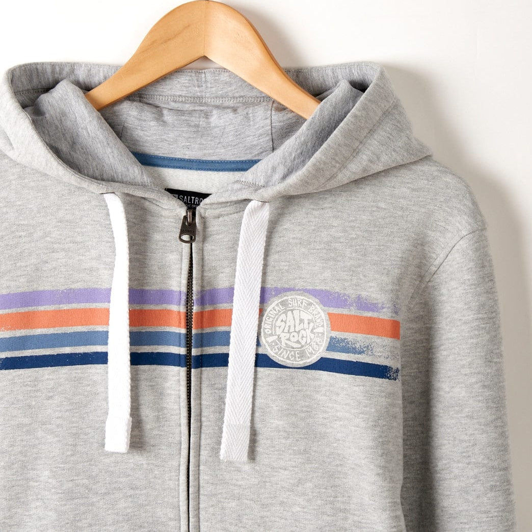 Men's Spray zip hoodie from Saltrock in grey with multicoloured distressed print style stripes across the chest.
