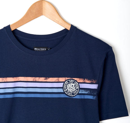Men's Spray Stripe Saltrock t-shirt in Navy Blue with multicoloured distressed style stripes across the chest.