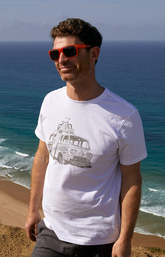 Saltrock men's Re-Wild surf campervan print short sleeve t-shirt in White.