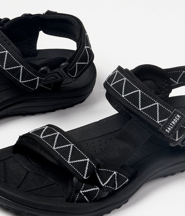 Men's Saltrock Tracker hook and loop strap sandals in Black with padded straps with a geometric pattern.