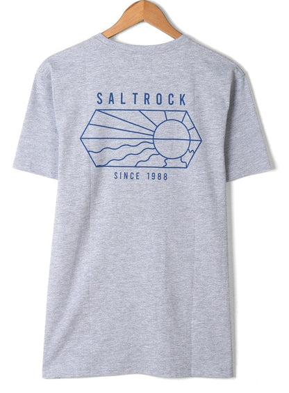 Men's Vantage Outline short sleeve t-shirt from Saltrock in Grey with a linear sun and sea print on the back.