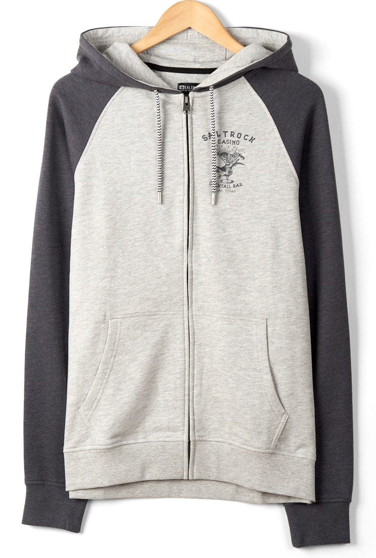 Men's zip through Vegas Cocktail print hoodie with two tone raglan sleeves in grey with dark grey sleeves.