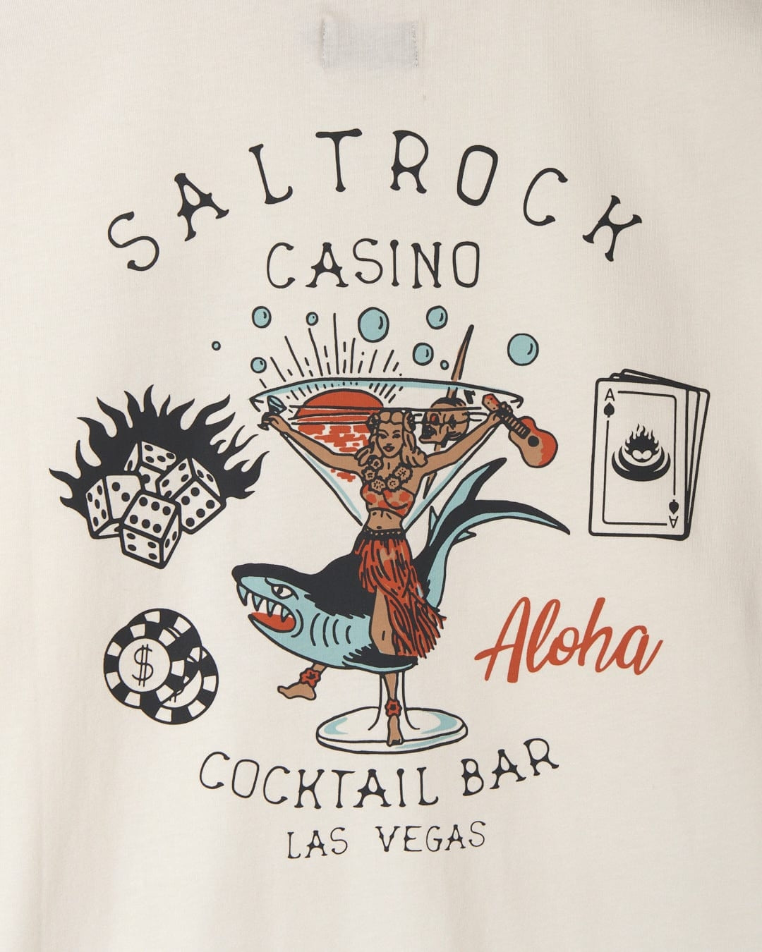 Saltrock men's Vegas Cocktail back print t-shirt in white featuring a cocktail glass, shark and hula girl.