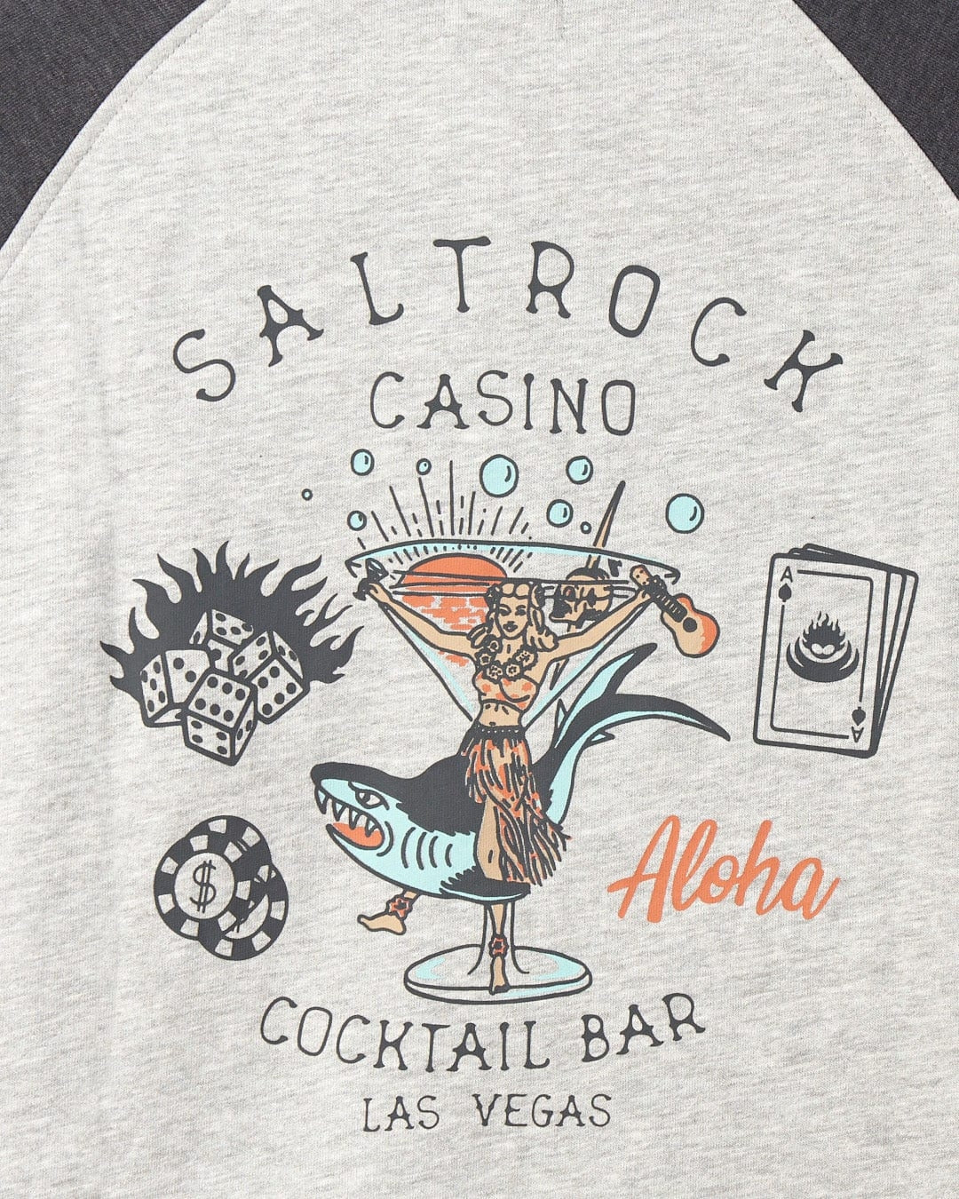 Men's Saltrock raglan zip hoodie with Vegas Cocktail Casino print on the back featuring a cocktail glass, shark and Hula girl.