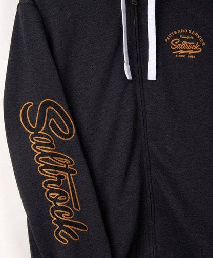 Saltroc men's Vegas Script hoodie in dark grey with logo sleeve.