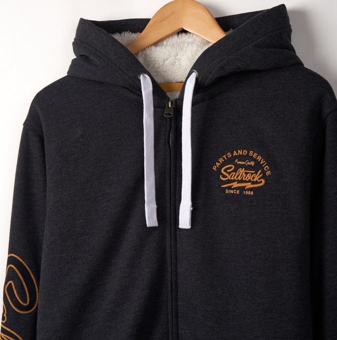 Saltrock men's Vegas Script full zip borg lined hoodie in dark grey with drawstring adjustable hood.
