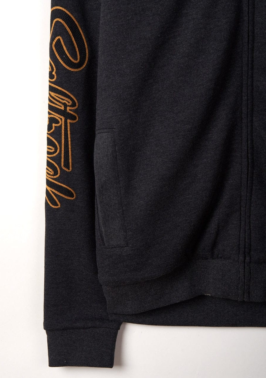 Saltrock men's Vegas Script borg lined dark grey hoodie with sleeve logo and tummy pockets.