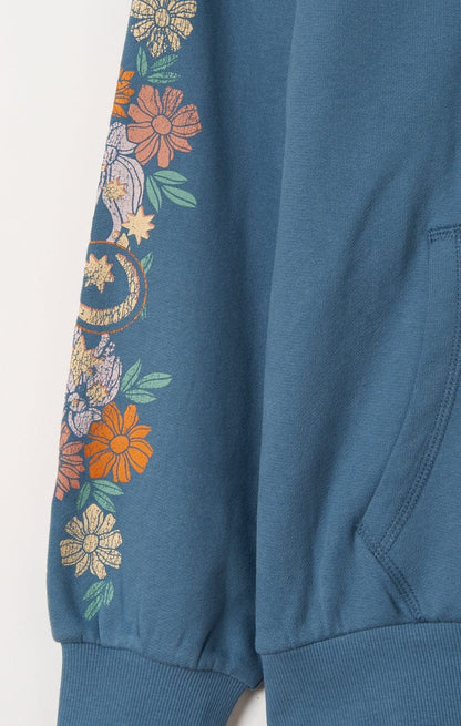 Saltrock women's Better Days hoodie in blue with floral moon sleeve print.
