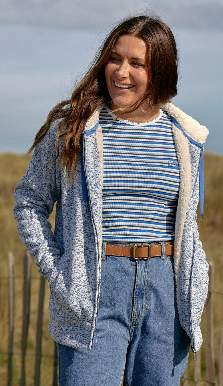 Faux fir lined blue women's hoodie from Saltrock.