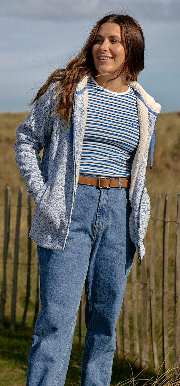 Mottled blue women's knitted Galak hoodie with fur lining from Saltrock