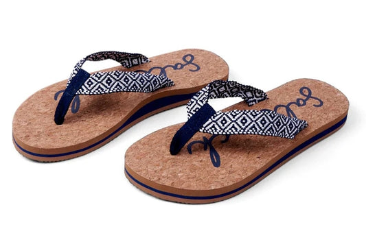 Saltrock women's Corklife flip flops with a natural cork footbed and woven navy and white strap.