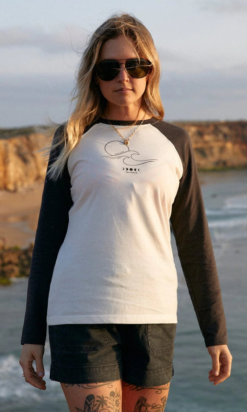 Women's raglan long sleeve High Tides tee from Saltrock in white with dark grey sleeves.