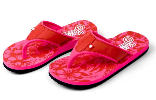 Saltrock women's Hibiscus floral print flip flops in Bright Pink.