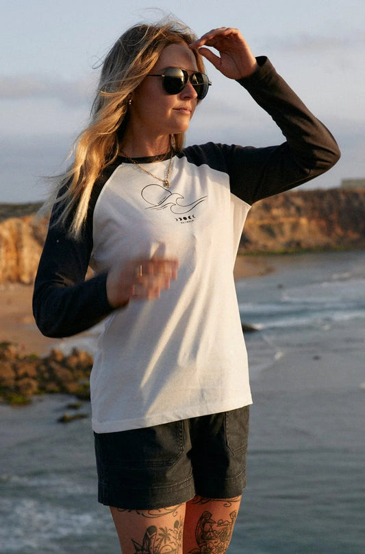 Saltrock women's High Tides raglan long sleeve t-shirt in white with dark grey sleeves.