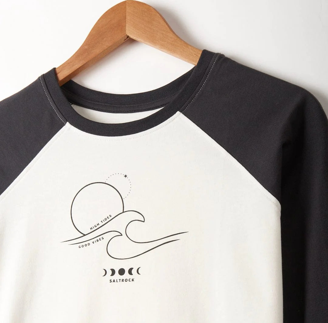Women's High Tides long sleeve raglan tee from Saltrock in white with dark grey sleeves and linear style wave print on the chest.