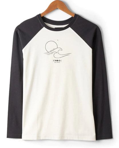Women's long sleeve High Tides t-shirt from Saltrock in white with dark grey sleeves and linear wave print on the chest.