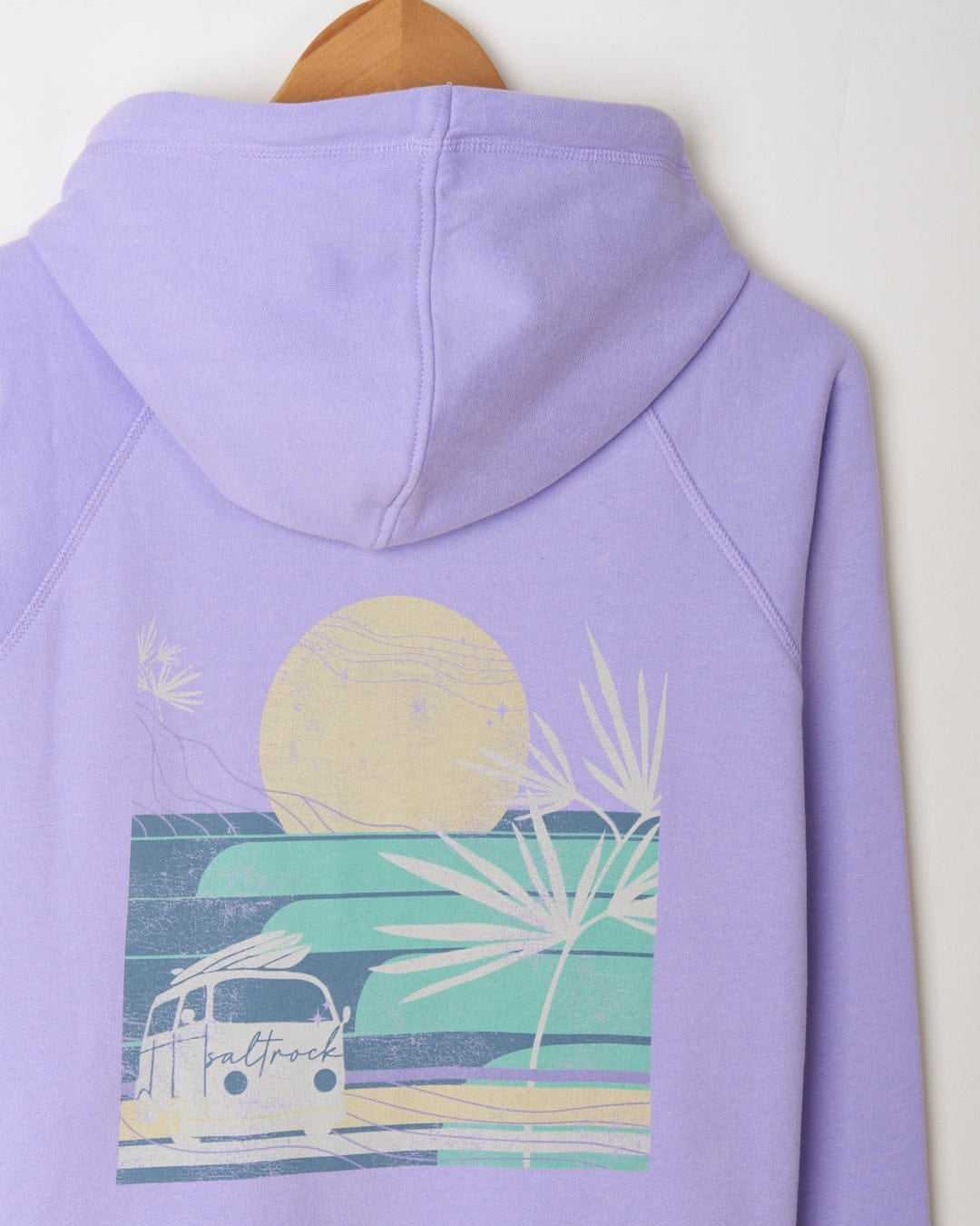 Saltrock women's zip through hoodie in Lilac Purple with Poster style surf print on the back.