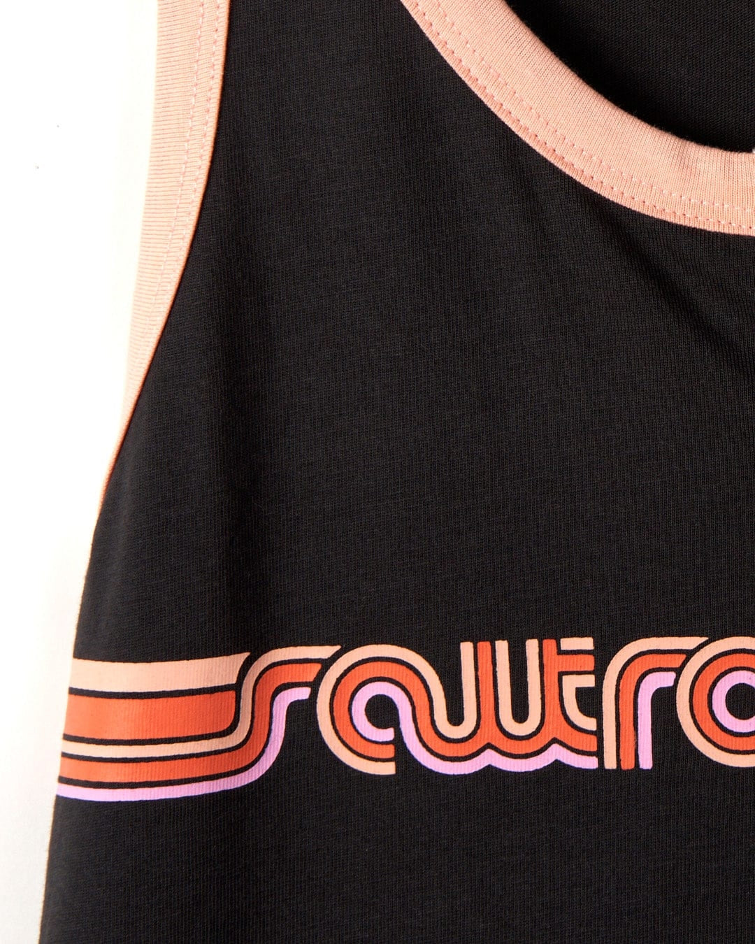 Women's retro ribbon style logo print Dark Grey vest from Saltrock.