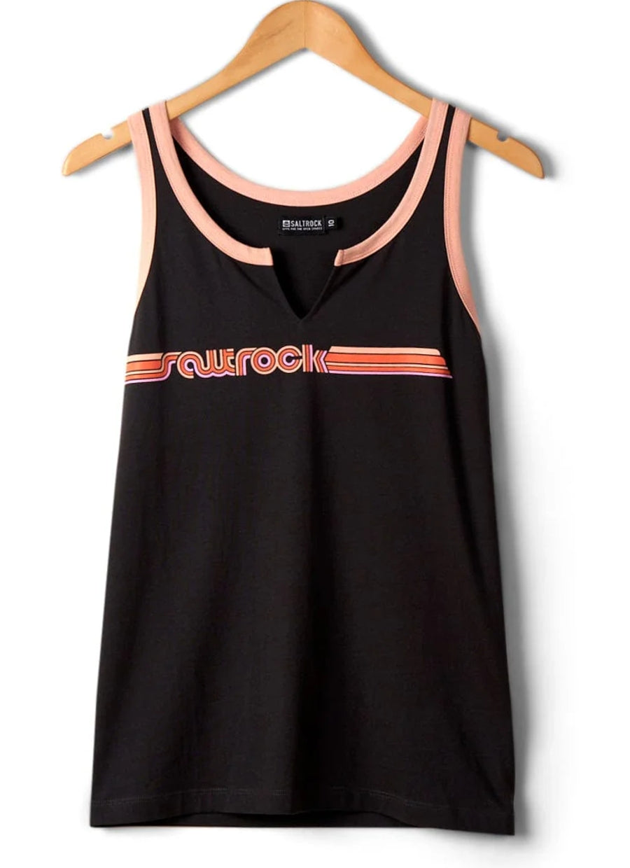 Women's Saltrock Retro Ribbon logo print vest in Dark Grey with peach neck and armhole trim.