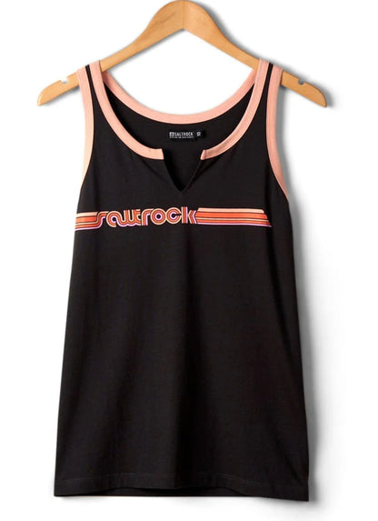 Women's Saltrock Retro Ribbon logo print vest in Dark Grey with peach neck and armhole trim.
