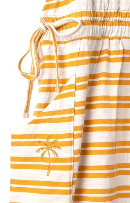 Women's Saltrock sleeveless Skylar Bauhaus yellow and white stripe dress with drawstring waist, hip pockets and embroidered palm tree design.