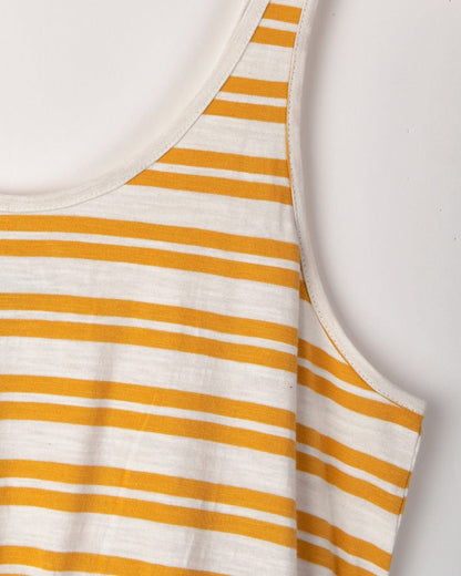 Women's sleeveless yellow stripe Skylar Bauhaus vest style dress from Saltrock.