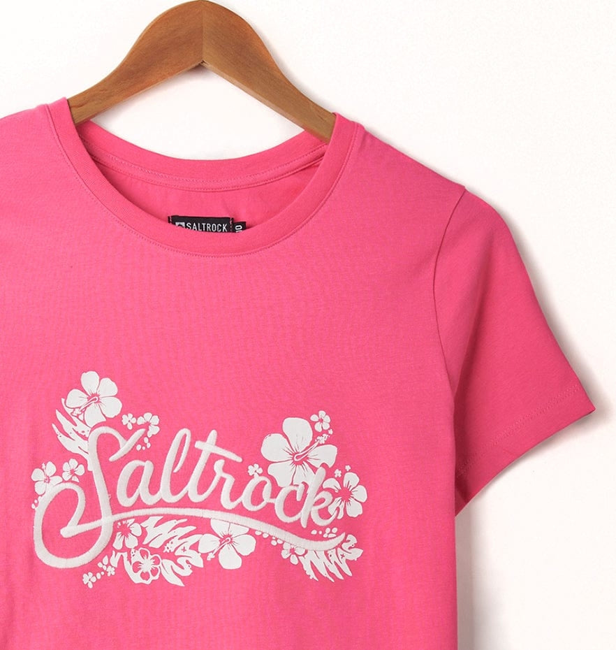 Women's Saltrock Tropic short sleeve tee in Pink, with printed and embroidered logo on the chest.