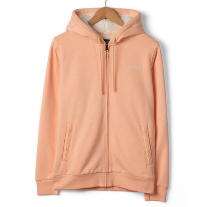 Front view of a Saltrock womens borg lined Tamsin full zip hoodie in peach or light pink on a hanger against a white background