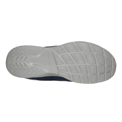 Bottom sole view of Skechers mens Dynamight Fallford shoes in Navy showing grey textured outsole and tread