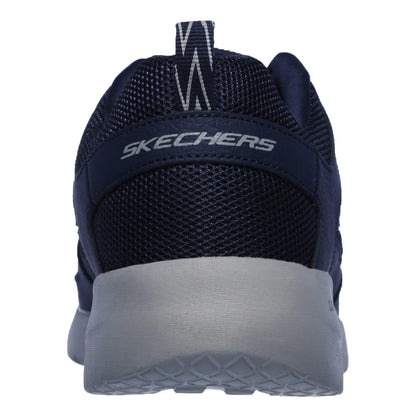 Rear view of navy mesh sneaker with pull tab and gray sole Skechers mens Dynamight Fallford Navy shoes for casual walking