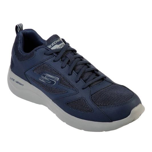 Front view of Skechers mens Dynamight Fallford shoes in Navy lightweight breathable lace up athletic sneaker with cushioned sole