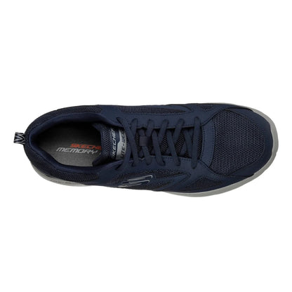Top view of Skechers mens Dynamight Fallford shoes in Navy lace up mesh athletic walking shoe with memory foam insole