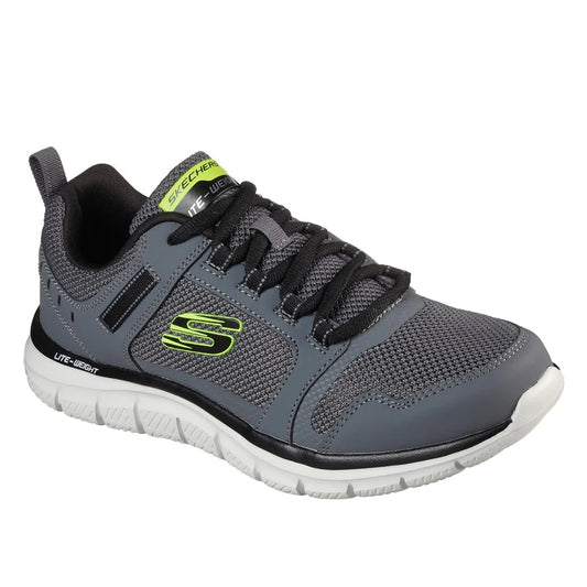 Front view of Skechers mens Track Knockhill shoes in Charcoal Black breathable mesh trainers with cushioned white sole