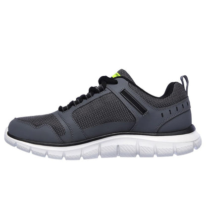 Skechers mens Track Knockhill shoes in Charcoal Black low top mesh lace up sneaker with white cushioned sole
